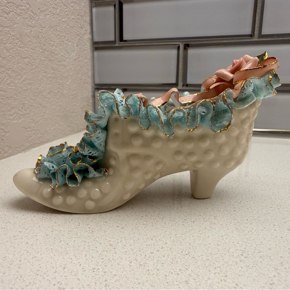 Vintage Porcelain Decorative Shoe Slipper Pink Roses Hobnail Mid-Century 50s - Picture 3 of 17